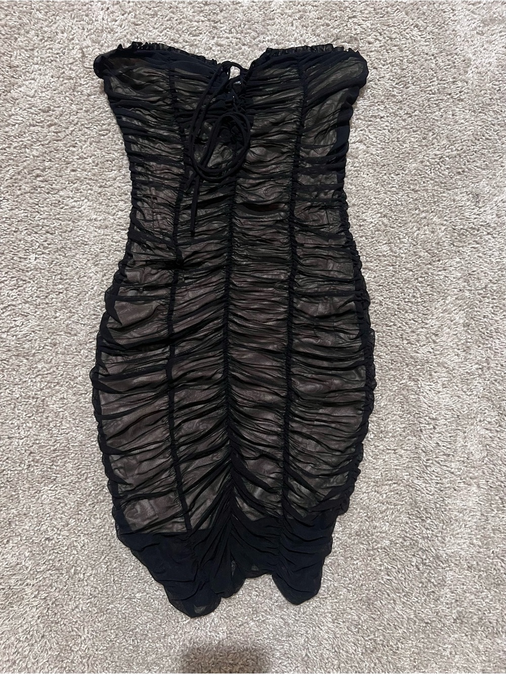Black Ruched Strapless Mesh/Sheer Mini Dress